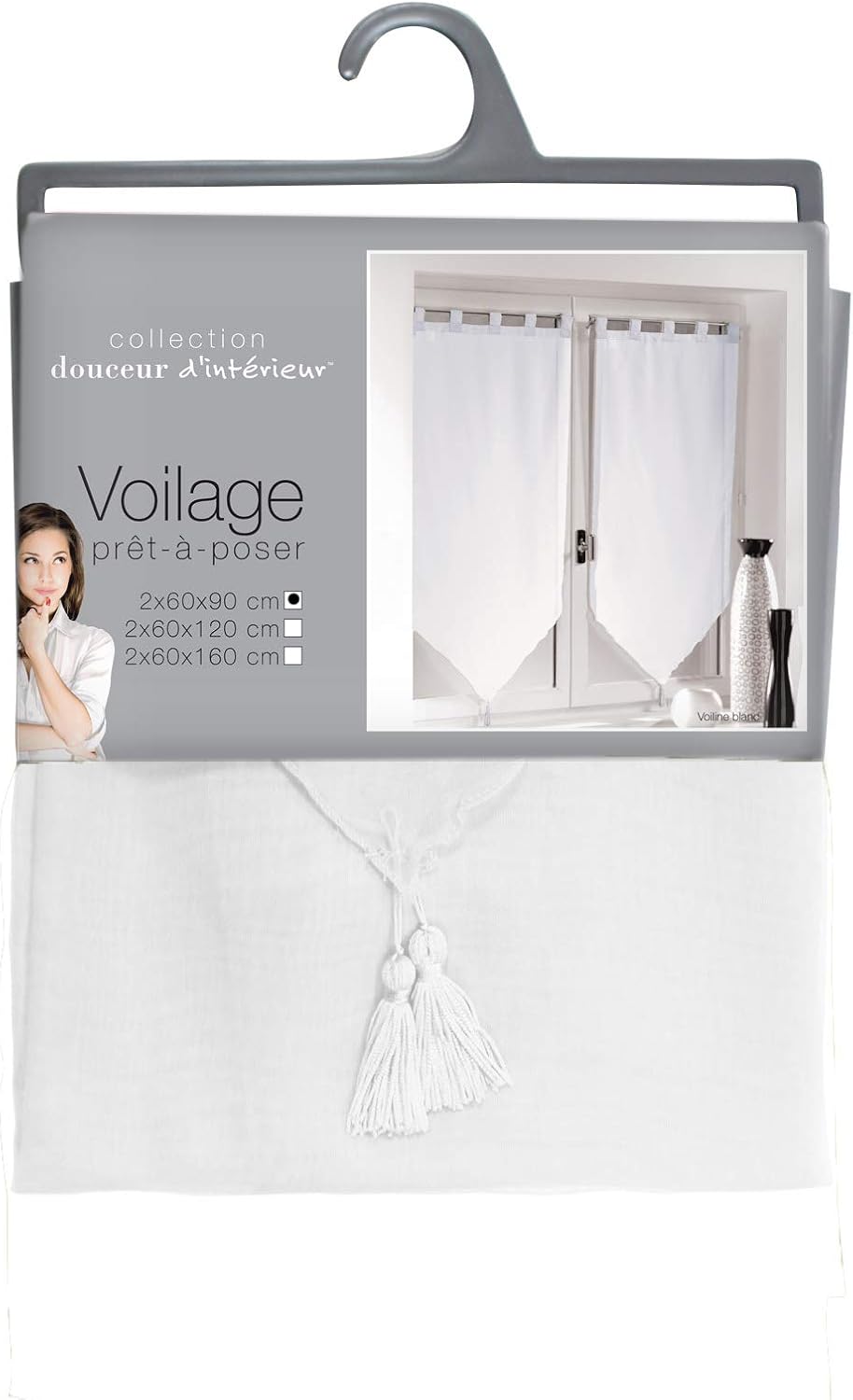 Douceur D'Int?rieur - 1360931, Pompom Net Curtain With Loops , 2 X 60 X 90 Cm , Voile Uni , Plain Voile , White by DOUCEUR D'INTERIEUR