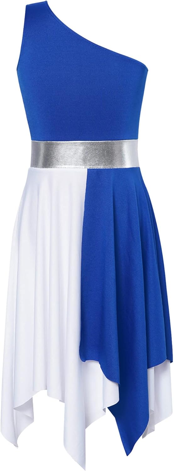 Oyolan Kids Girls One Shoulder Lyrical Praise Dance Dress Sleeveless Color Block Tunic Liturgical Worship Costume