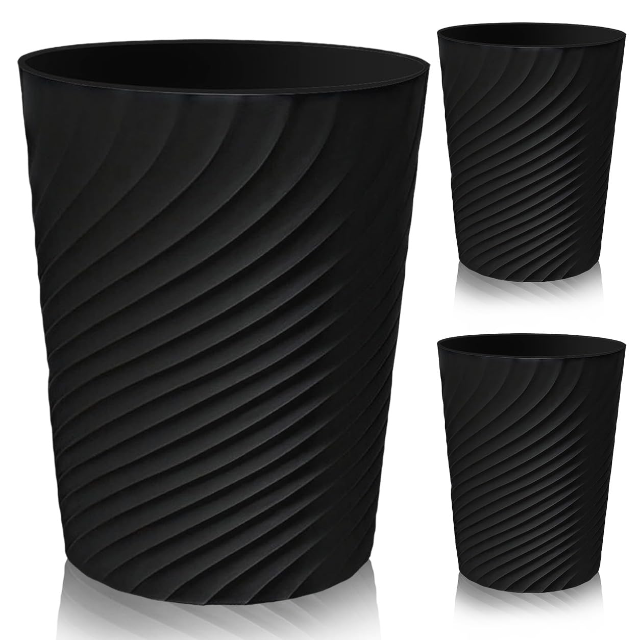 NeXcellere 3PCS 8L Plastic Waste Paper Bin,Small Bins No Lid,Round Dustbin with Swirl Design,Rubbish Bin for Bedroom/Bathroom/Office/Living Room,Waste Paper Basket (Black)