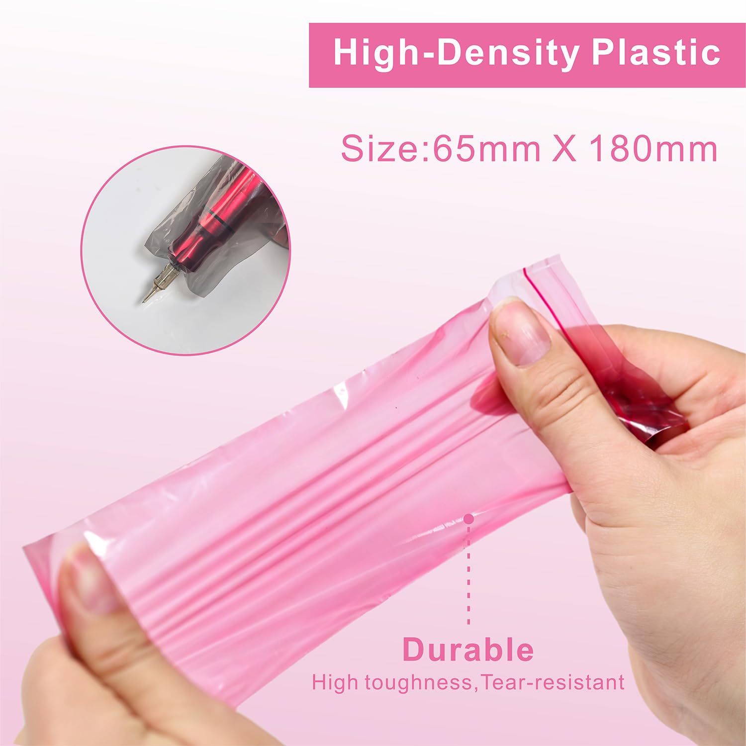 200PCS Tattoo Pen Covers with 6 Rolls Grip Tape Wrap - Large Size (2.56 inch X 7 inch) Transparent Pink Bags for Tattoo Machine, Waterproof Machine Wrap Sleeves for Tattoo Supplies & Artist