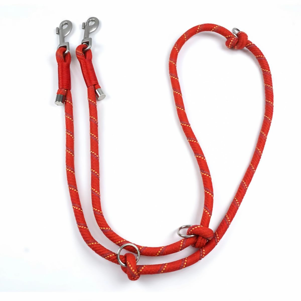 PODAPUCL Double Dog Lead for 2 Dogs, 2m Heavy Duty Rope Leash with Screw-Fixed Metal Caps, No Tangle 360° Swivel & Reflective Nylon for Walking Two Large Medium Dogs, 1.0cm Thick, Yellow+Red