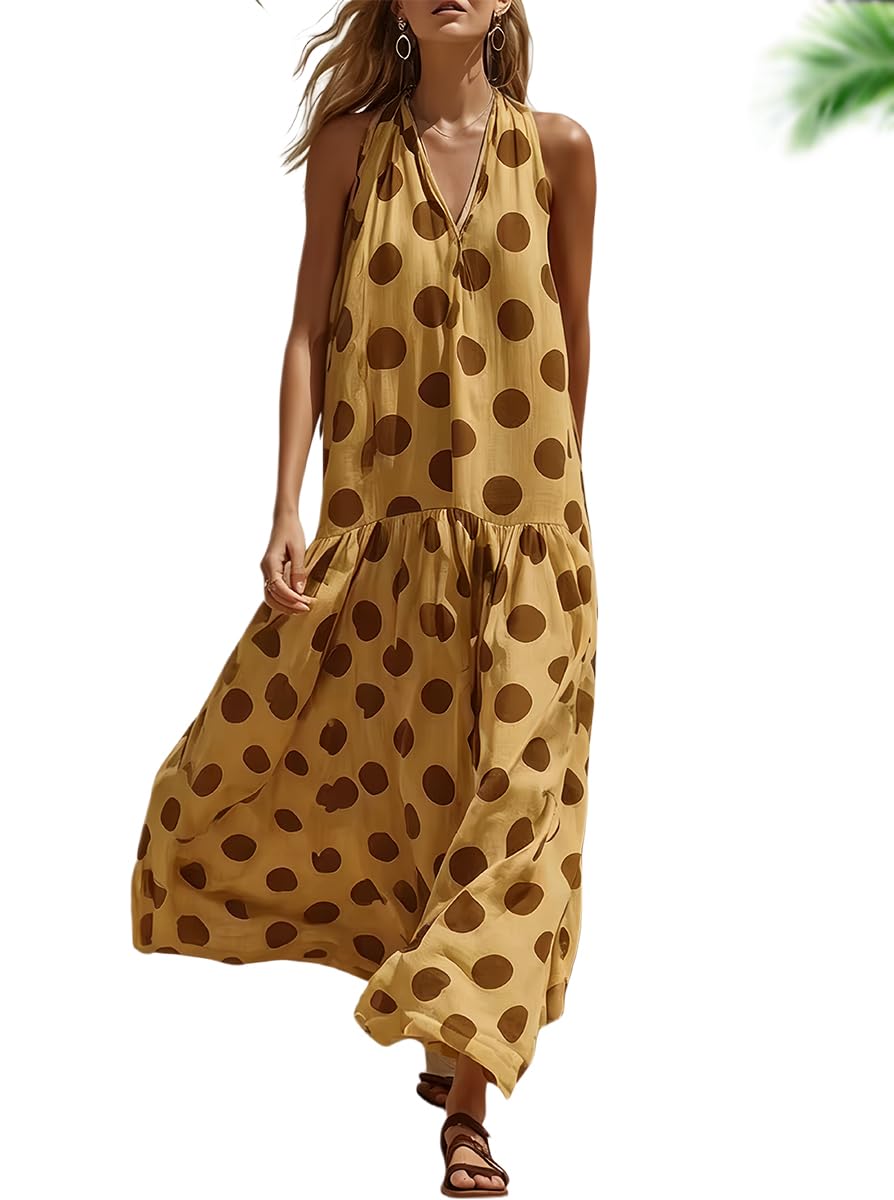 Maxivestido Casual de Vacaciones para Mujer: Amarillo con Lunares Marrones, Sin Mangas y Cuello en V — Estilo Holgado y Largo