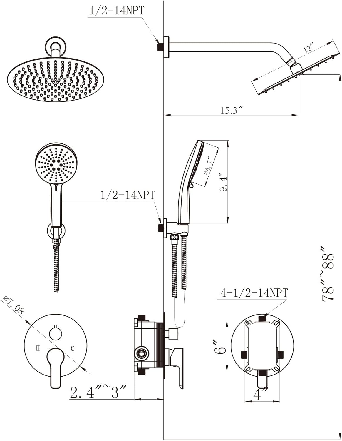 Shower Faucet Set 12IN Brass Rough-In Valve Body Trim Kit Rainfall Included Handle Accessories Complete 2 Functions with Rain Head and Handheld Bathroom Systems (12'', Chrome Polished)