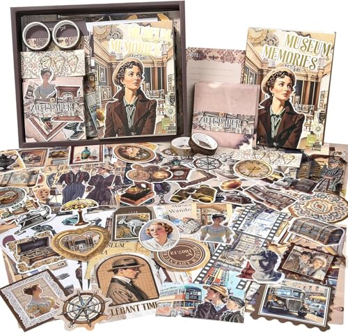 Image of MGNLR Vintage Aesthetic Scrapbook Kit(346Pcs) Scrapbooking Supplies Kit with Bullet Junk Journal,Stationery,A6 Grid Notebook Journaling Gift for Girl (Museum Memories)