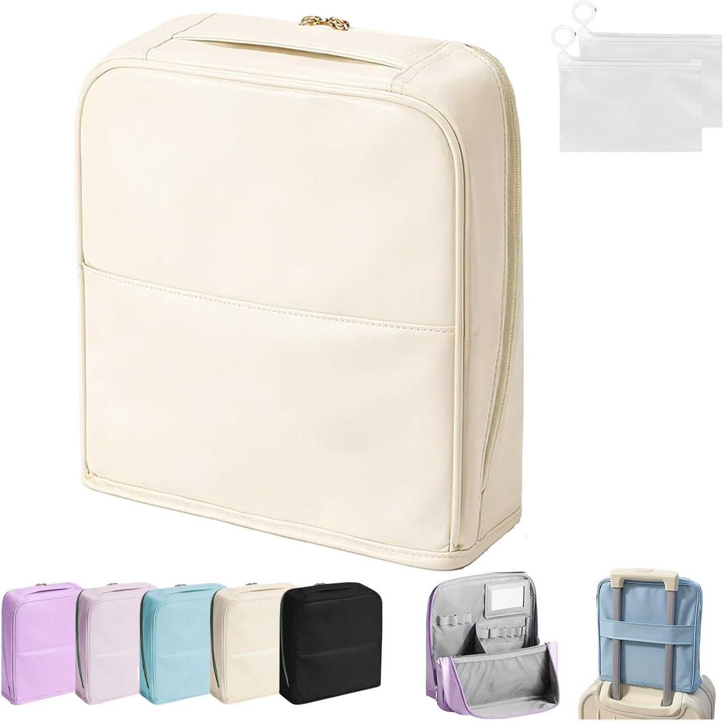 Stylish Handheld Partitioned Cosmetic Bag with Mirror and 10 Pcs Storage Bags,Large Capacity Portable Standing Makeup Organizer for Travel & Daily Use