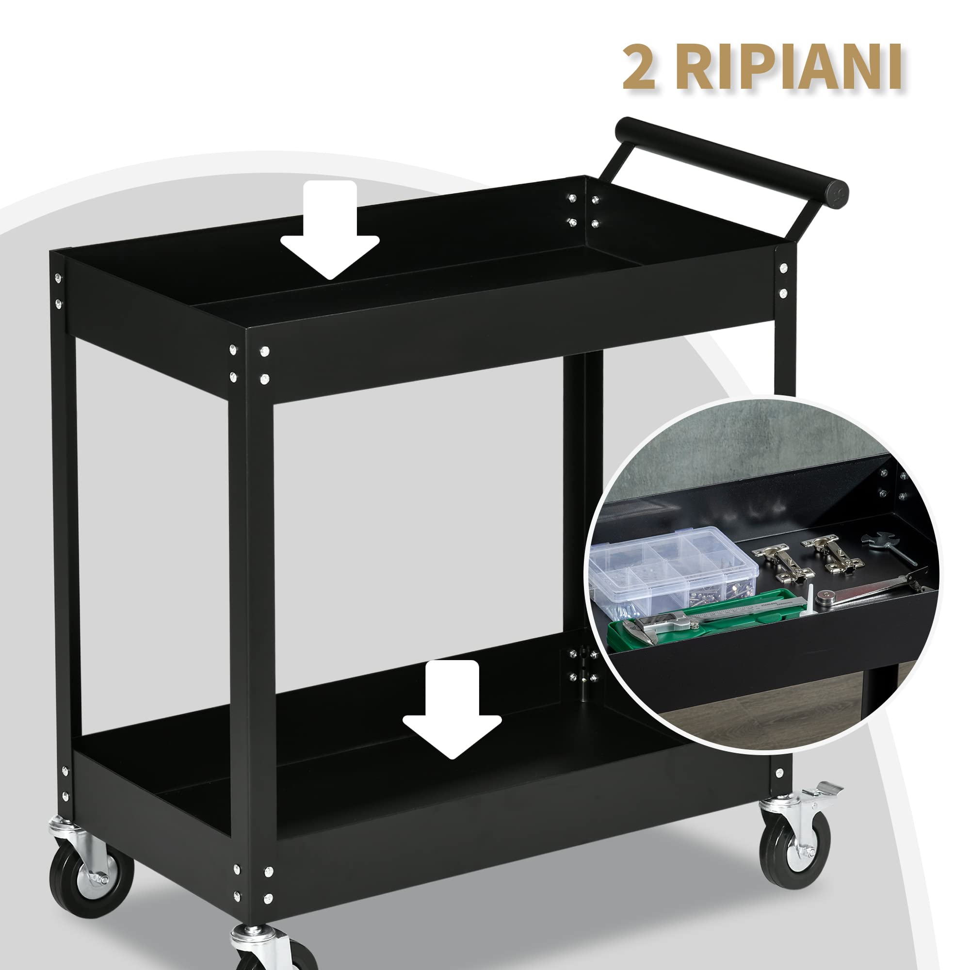 DURHAND Carrello Porta Utensili a 2 Ripiani, Carrello da Officina e Garage in Acciaio 84.5x38x84cm, Nero