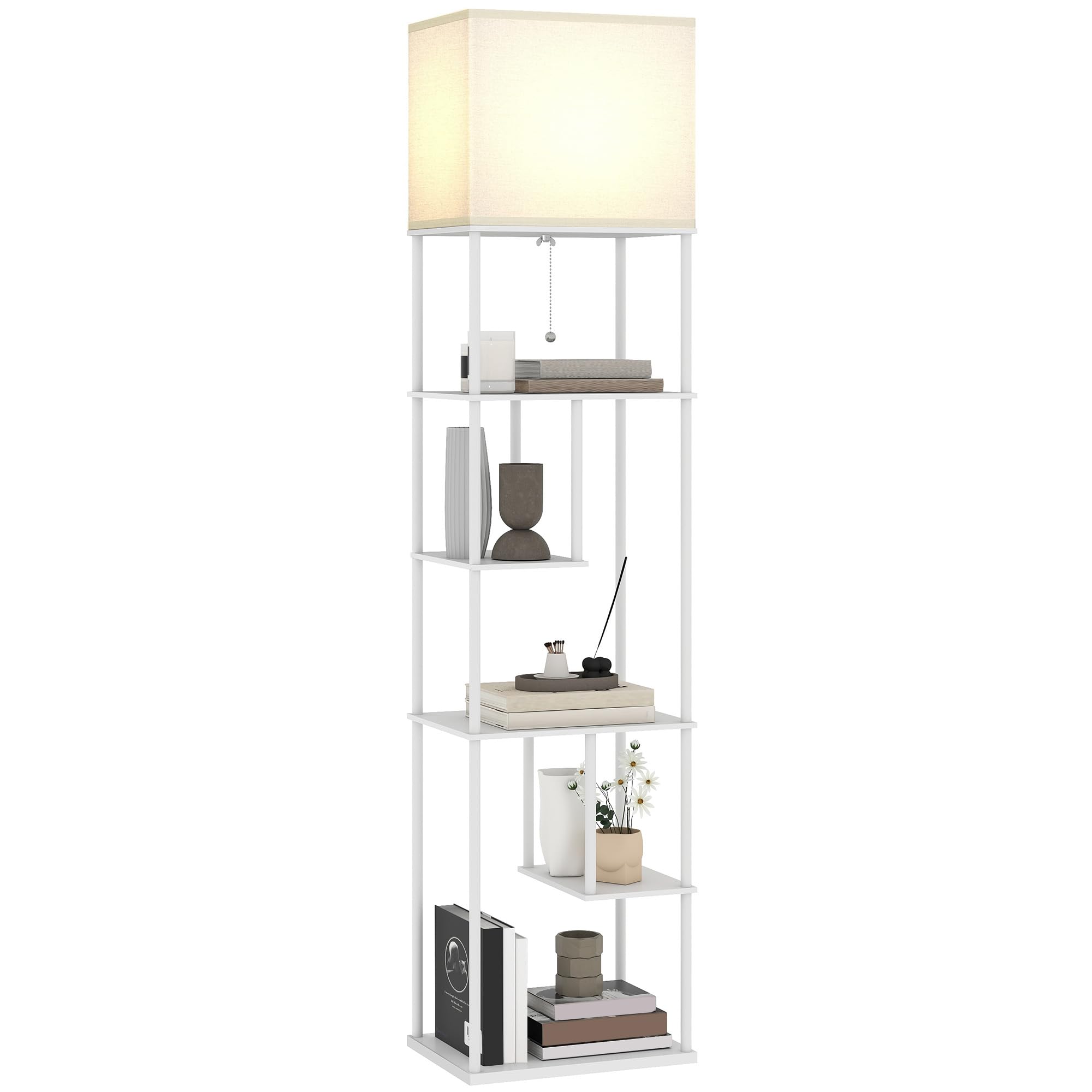 HOMCOM Stehlampe Stehleuchte mit Regalen, einstellbare Helligkeit & Farbtemperatur 3000K-6500K, Fernbedienung, E27-Birne, Timer, für Schlafzimmer, Büro, Wohnzimmer, Weiß