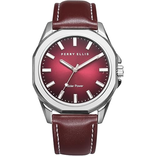 Perry Ellis Solar Powered Mens Watch | Vegan Leather Water-Resistant Analog Wrist Watches for Men | 42mm Case | Relojes para Hombres | Elegant Gift for Man