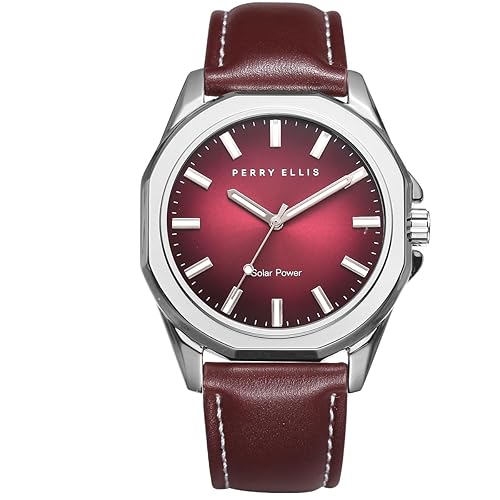Perry Ellis Solar Powered Mens Watch | Vegan Leather Water-Resistant Analog Wrist Watches for Men | 42mm Case | Relojes para Hombres | Elegant Gift for Man - Red