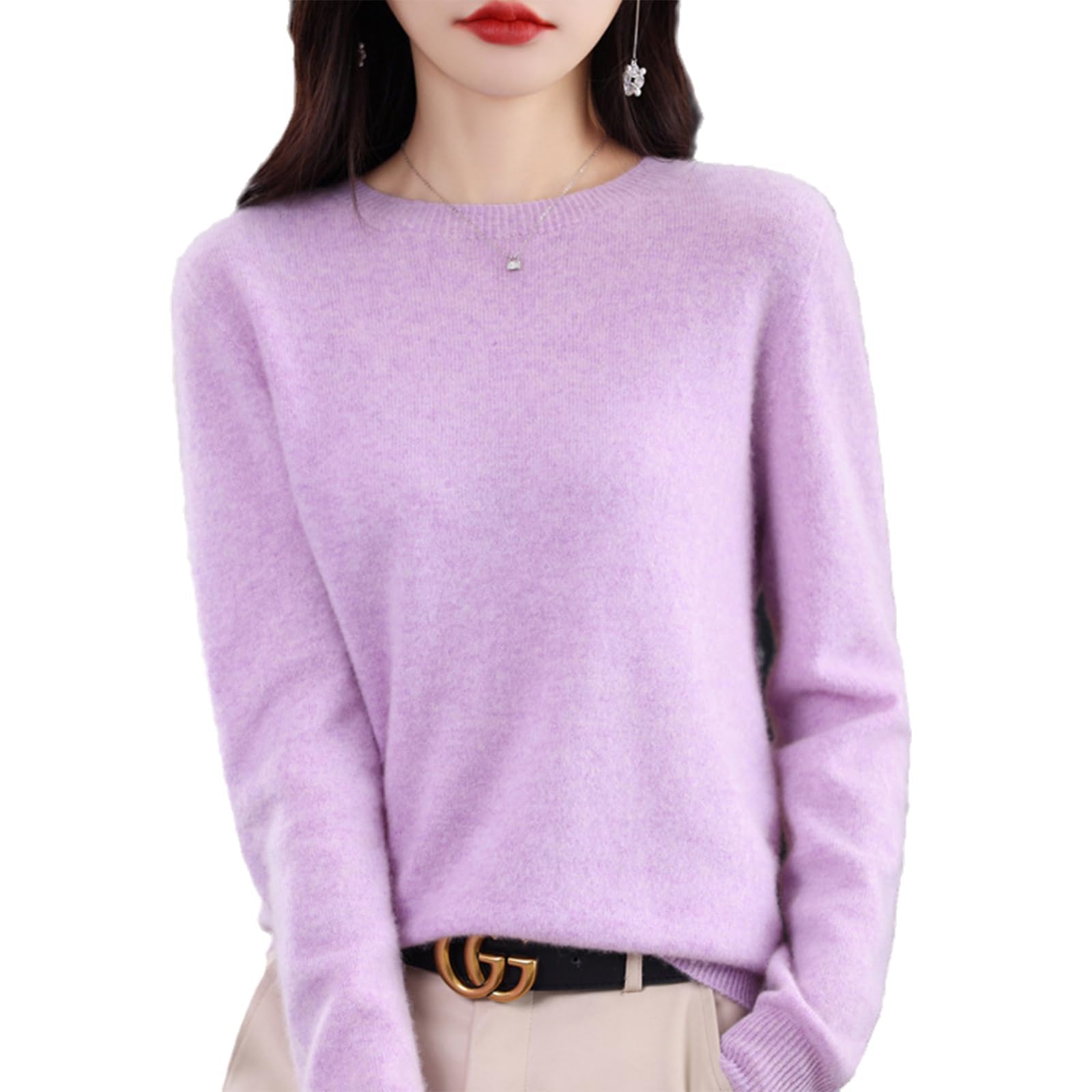 Suéteres de Cachemira para Mujer, jerséis de Cachemira, suéter de Lana Merino para Mujer, suéter de Punto Ligero (Violeta Claro,M)