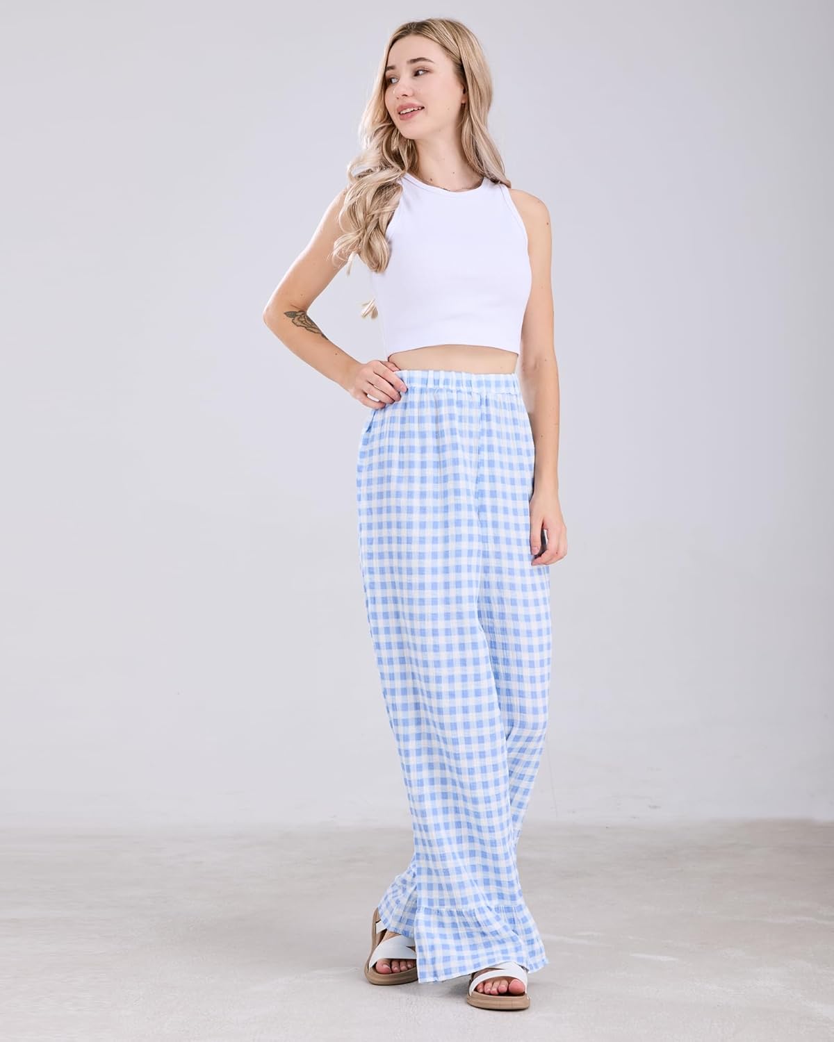 Womens Gingham Pants Wide Leg Lounge Pants Y2k Plaid Print Ruffle Hem Loose Trouser - Image 6
