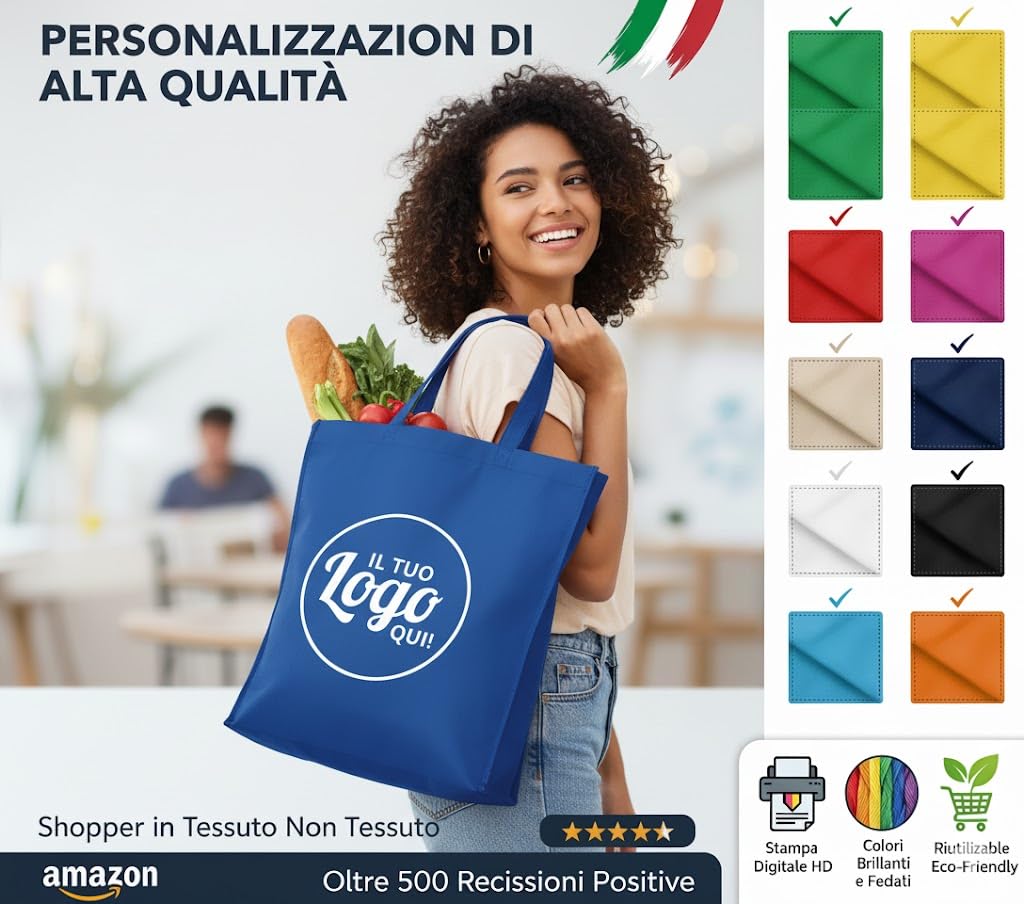 50 Borse Personalizzabile con Logo, Immagine o Scritta - Borsa Shopper Riutilizzabile Personalizzata con Stampa - Bag Grande 36x40 cm - Tessuto tnt per Shopping, Spesa e Mare (50, Giallo)