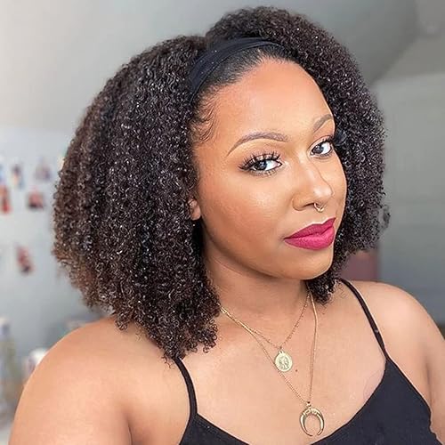 ISEE Wear and Go - Peluca de cabello humano rizado afro mongol con diadema de 200% de densidad, pelucas afro para mujeres negras, pelucas de cabello