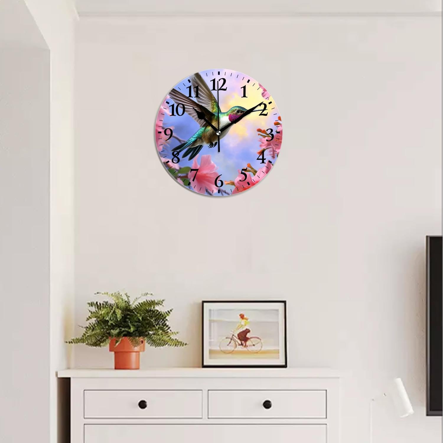 Analog Clcok Round Clocks Non-Ticking Silent Wall Clock Battery Operated Decorative for Living Room,Office,Kitchen-Hummingbird with Pink Flowers(14inch)