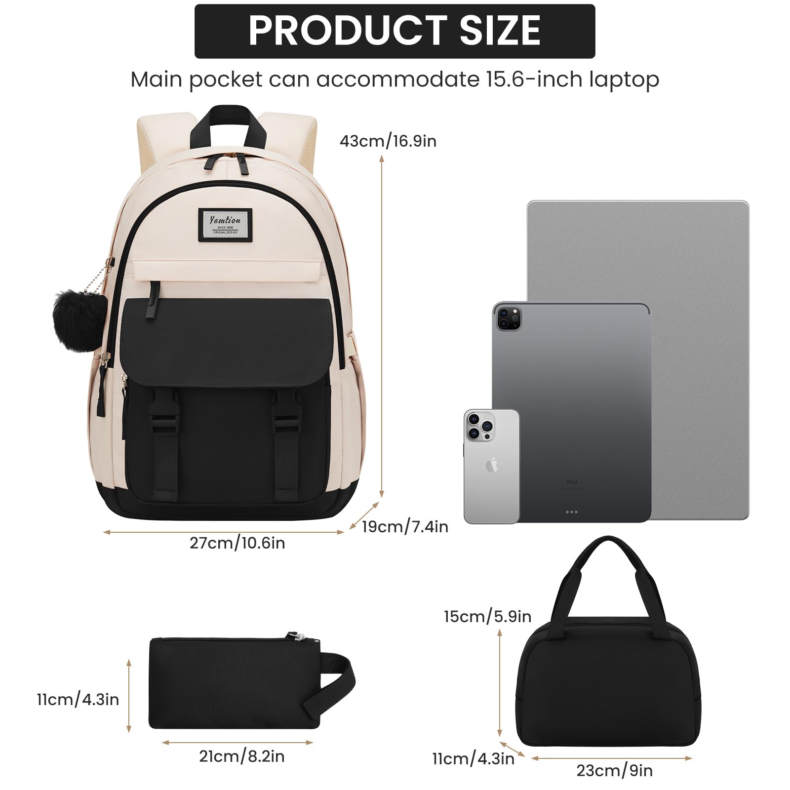 YAMTION Sac à dos d'école 3 pièces pour adolescentes, filles et femmes, ensemble de sac à dos kawaii avec sac à déjeuner et trousse à crayons pour l'école