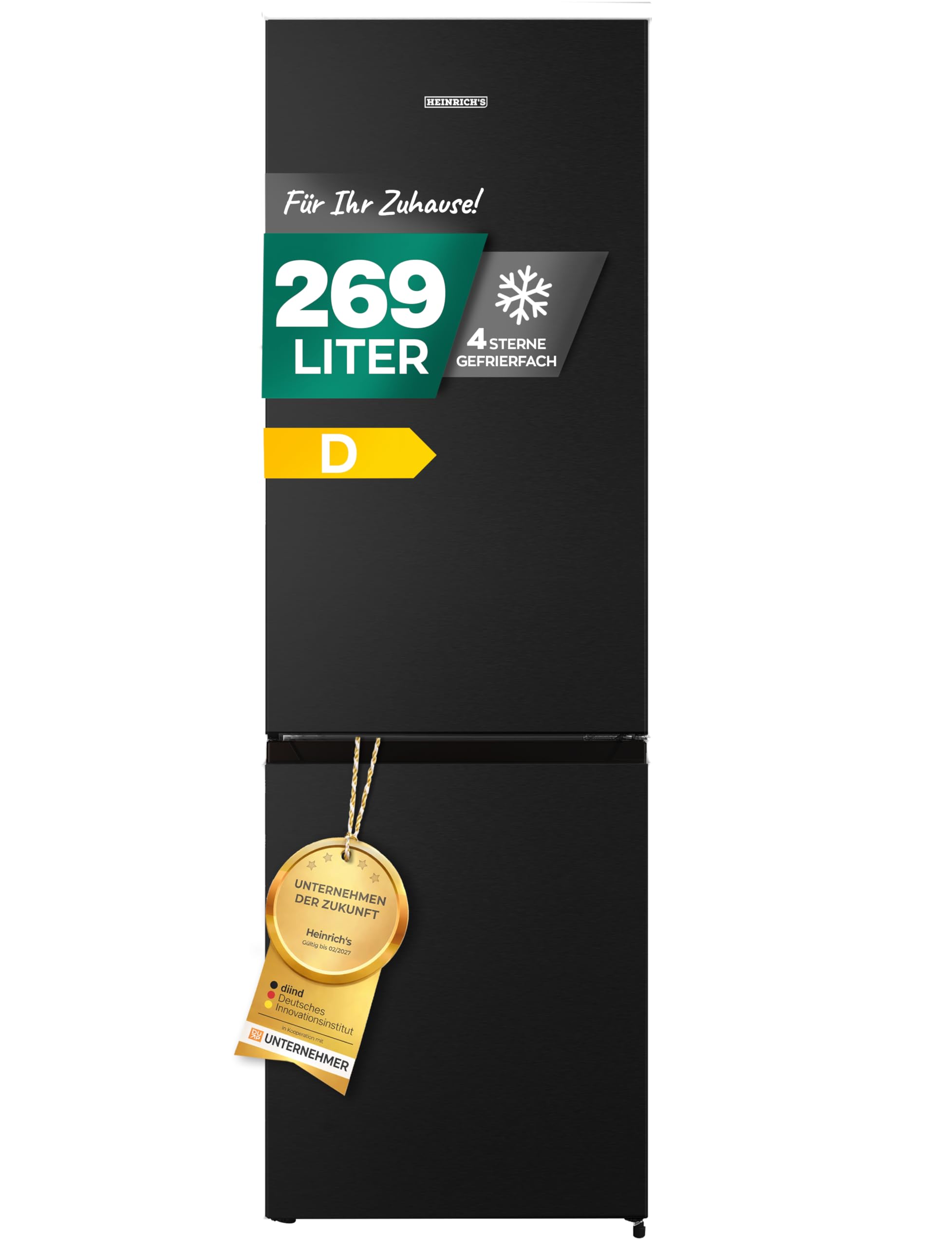 Heinrich´s Kühlgefrierkombination 269 Liter, Kühlvolumen 198L, Gefrierfach 71L,LED Beleuchtung,Kühlschrank Türanschlag wechselbar, leise 39dB,große Tiefkühlboxen, 7 Temperaturstufen, (schwarz-inox)