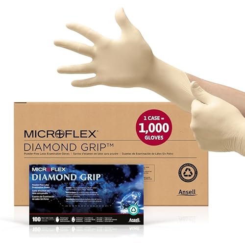 Ansell MICROFLEX Diamond Grip MF-300 Disposable Latex Gloves for Automotive, Healthcare, Machinery Industries - Med, Natural (Case of 1000)