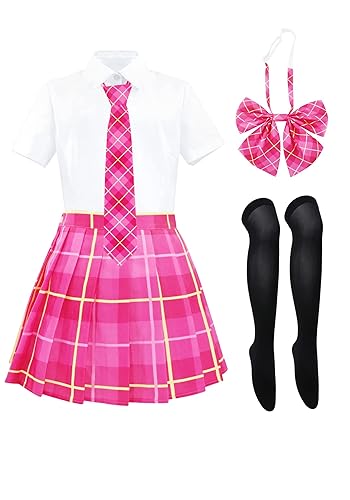 PROCOS US Size Schoolgirl Costume Women Japanese Uniform Outfit with Plaid Bow Tie 5 PCS - Small Pink Plaid