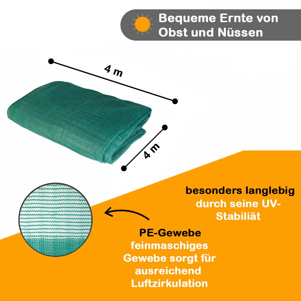Erntenetz für Obstbäume, 4 x 4 m, Dunkelgrün, wetterfestes Olivennetz, Auffangnetz, Gartennetz, Erntehelfer