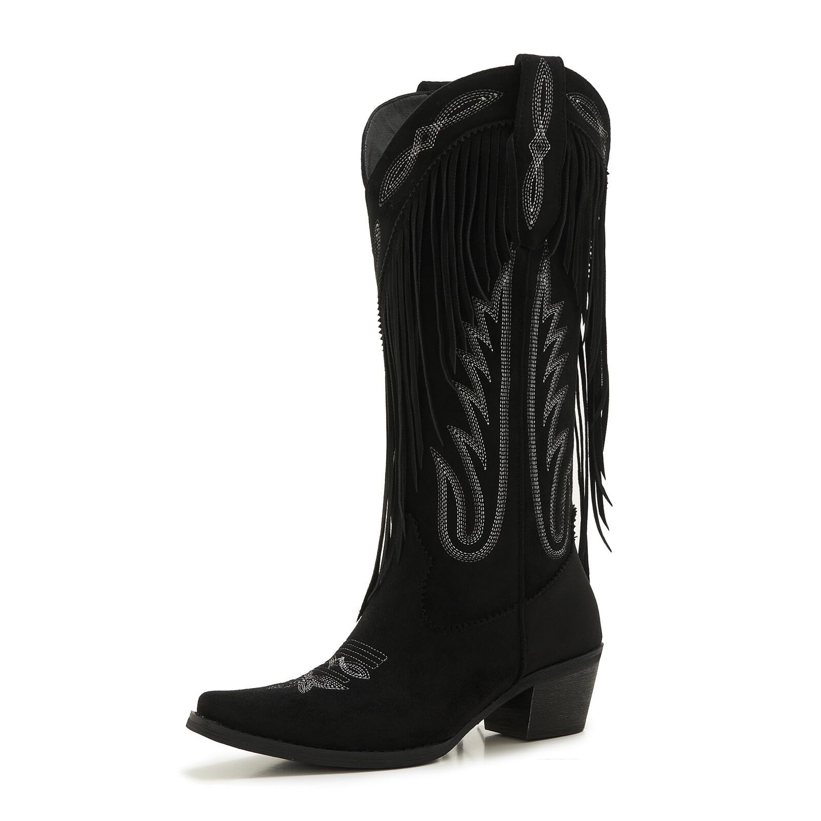 ZXHYZLZ Womens Fringe Western Cowboy Boots Black Knee High Cowgirl Boots with Embroidery Low Heel Suede Look Festival