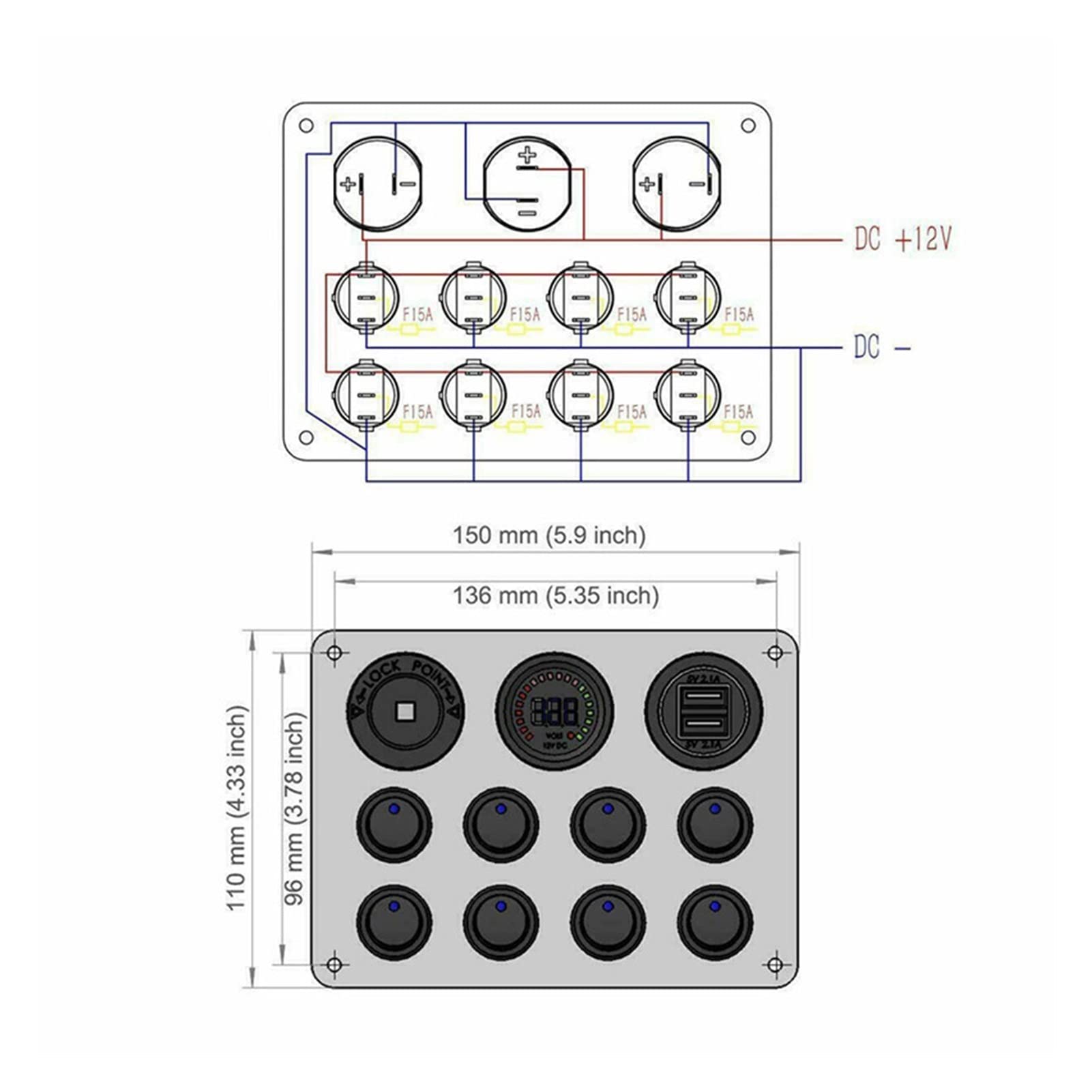 INEOUT 1Pc 1 2V RV Car Marine Bateau 8 Gang Circuit étanche disjoncteur interrupteur à bascule Panneau Compatible With Voiture Bateau Rv Camion VTT UTV Camper Caravan