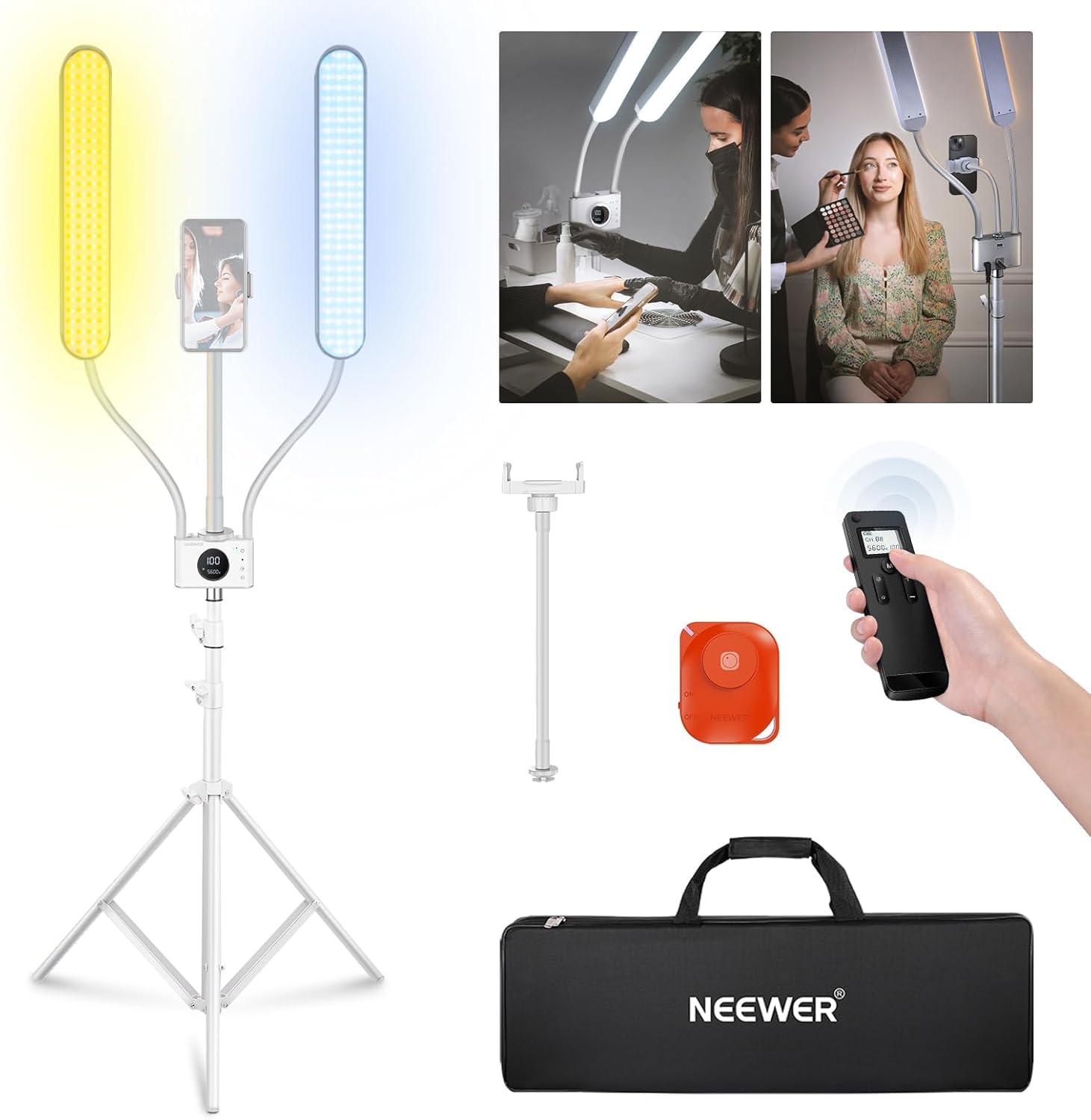 Neewer Luce con Supporto per Telefono & Borsa da Viaggio, Controllo 2,4G/PC/Mac &Controllo Separato di 2 Teste della Luce, Luce per Ciglia e Tatuaggi Dimmerabile Continua CRI98+ Bicolore,BH40B