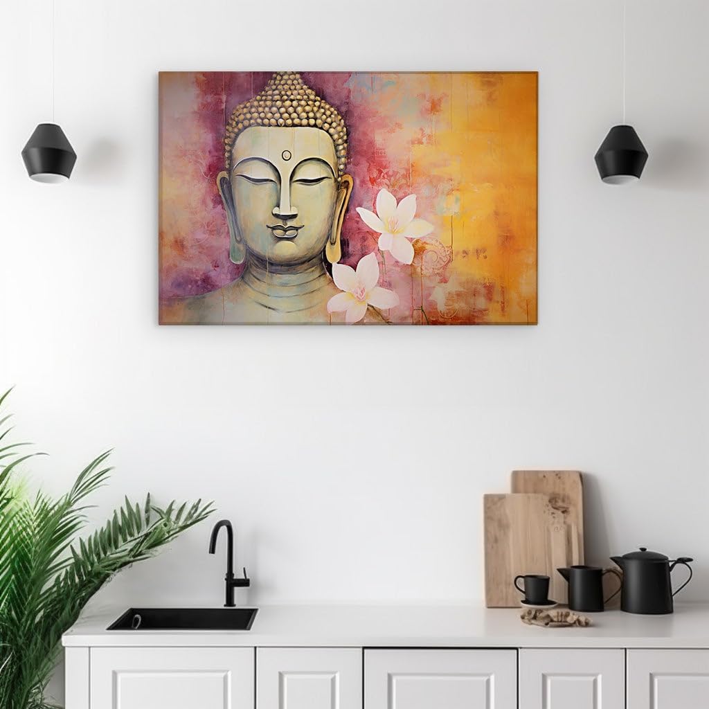 Canvas for Living room. Meditative Bliss: Serenity Captured in Buddha's Artistic Rendering with a Luminous Floral Touch, 27 x 18 inch Canvas Wall Art - Contemporary Masterpieces - Botanical Home Decor