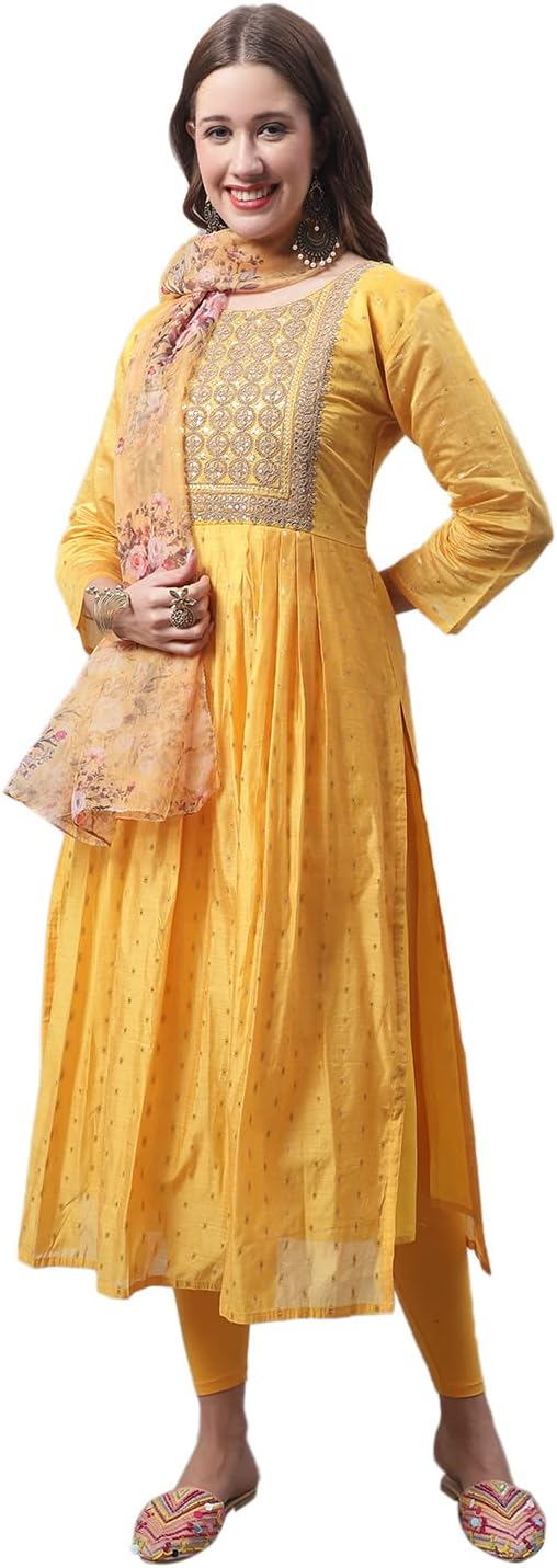 VredeVogelWomen's Chanderi Modal Butti Straight Kurta With Stretchable Leggings & Organza Dupatta Set