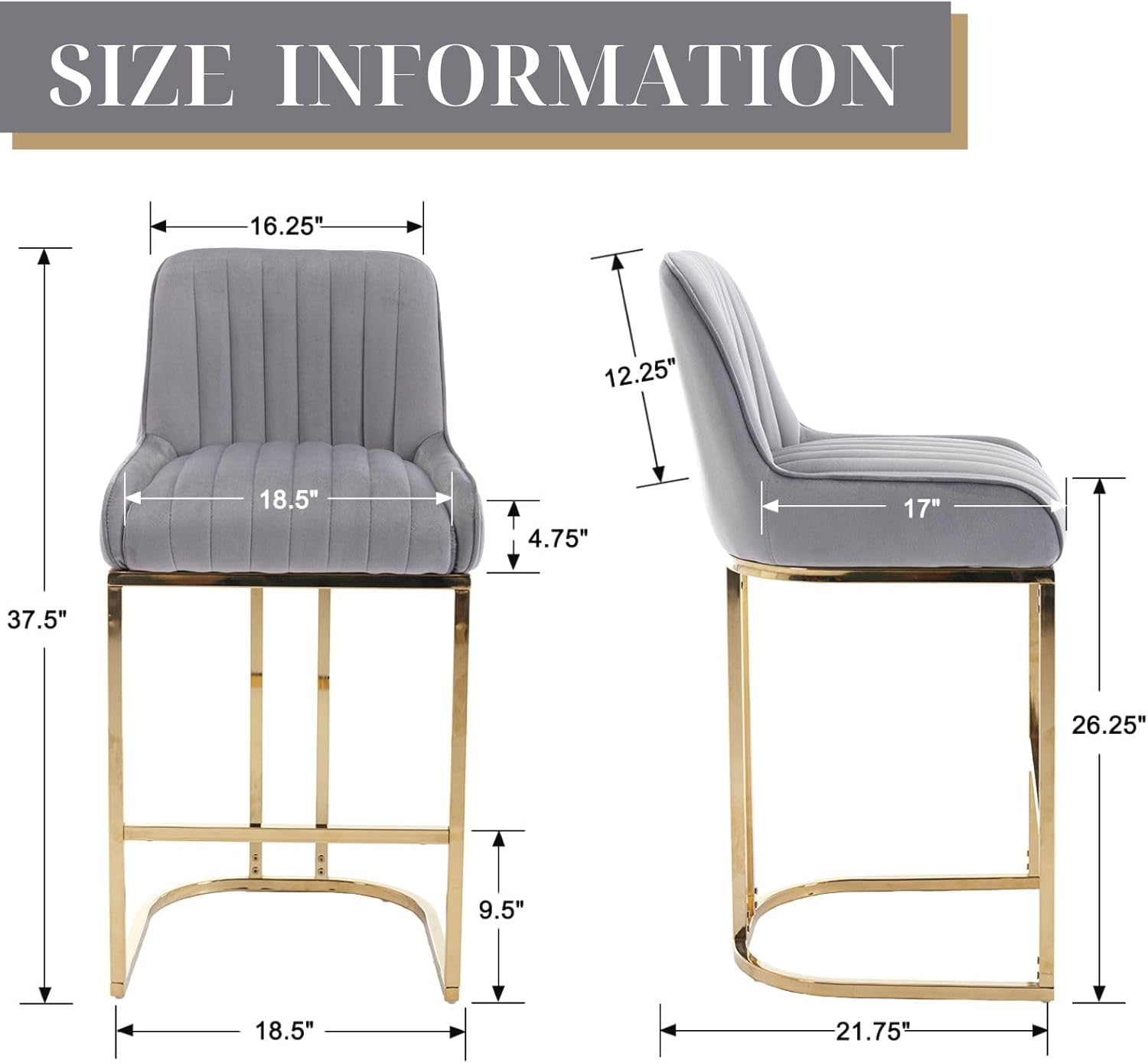 ROCITY Grey Counter Stools with Gold Legs 26 Inch Velvet Counter Height Bar Stools Set of 2 Modern Upholstered Kitchen Island Chairs with Back