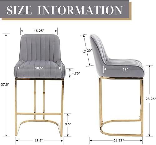 Miniatura 2 de Juego de 2 taburetes de bar de terciopelo gris moderno con patas doradas de 26 pulgadas de altura de mostrador, sillas de isla de cocina tapizadas