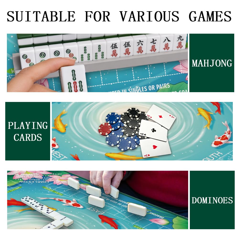 FINGERINSPIRE Tappetino portatile Mahjong con motivo pesce loto, con borsa per il trasporto, 80 x 80 cm, antiscivolo, antirumore, in stile cinese, adatto per giochi di carte