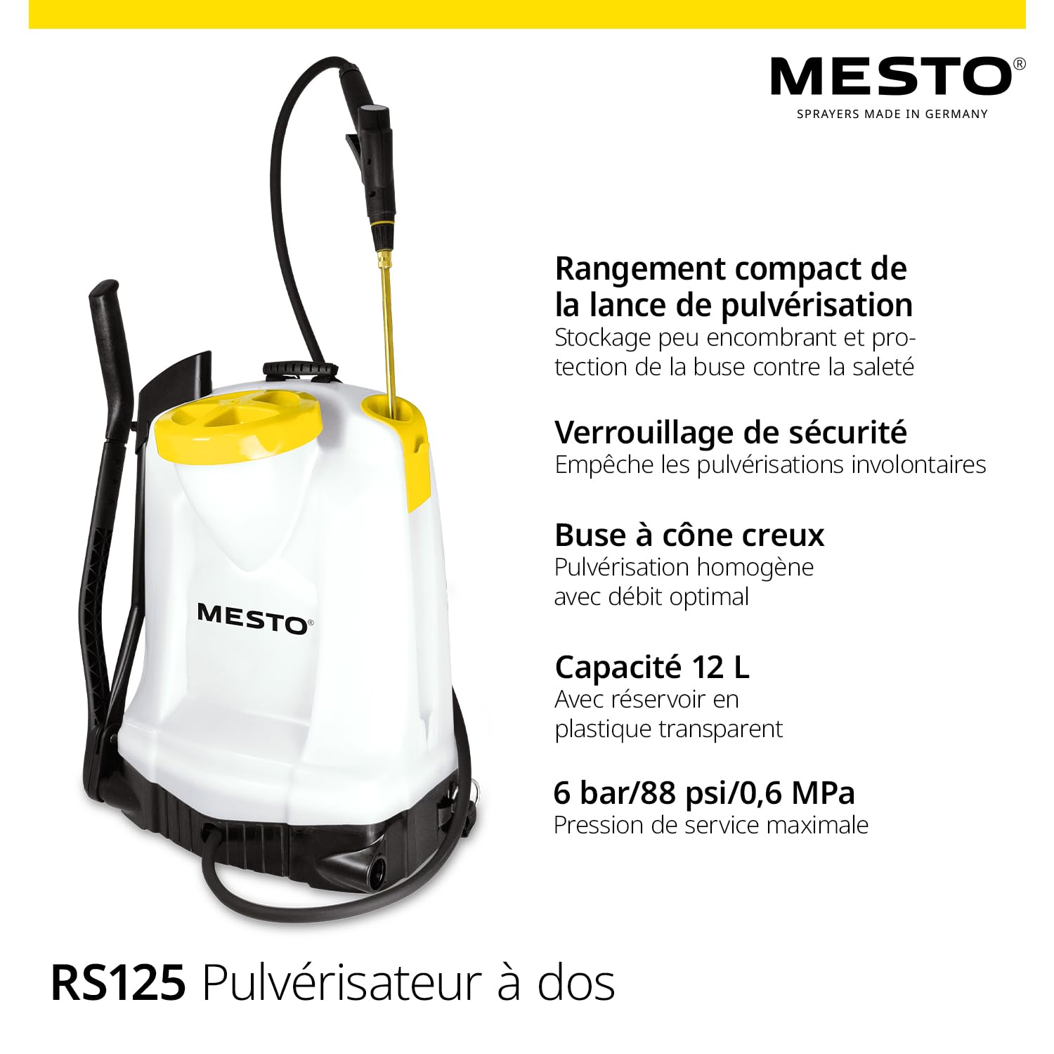 MESTO RS125 Pulvérisateur à Dos 12 L avec écran de pulvérisation Rond | Pulverisateur de Jardin a Dos à Pression 6 Bar | Pulverisateur a Main pour désherbage, arrosage et Protection des Plantes