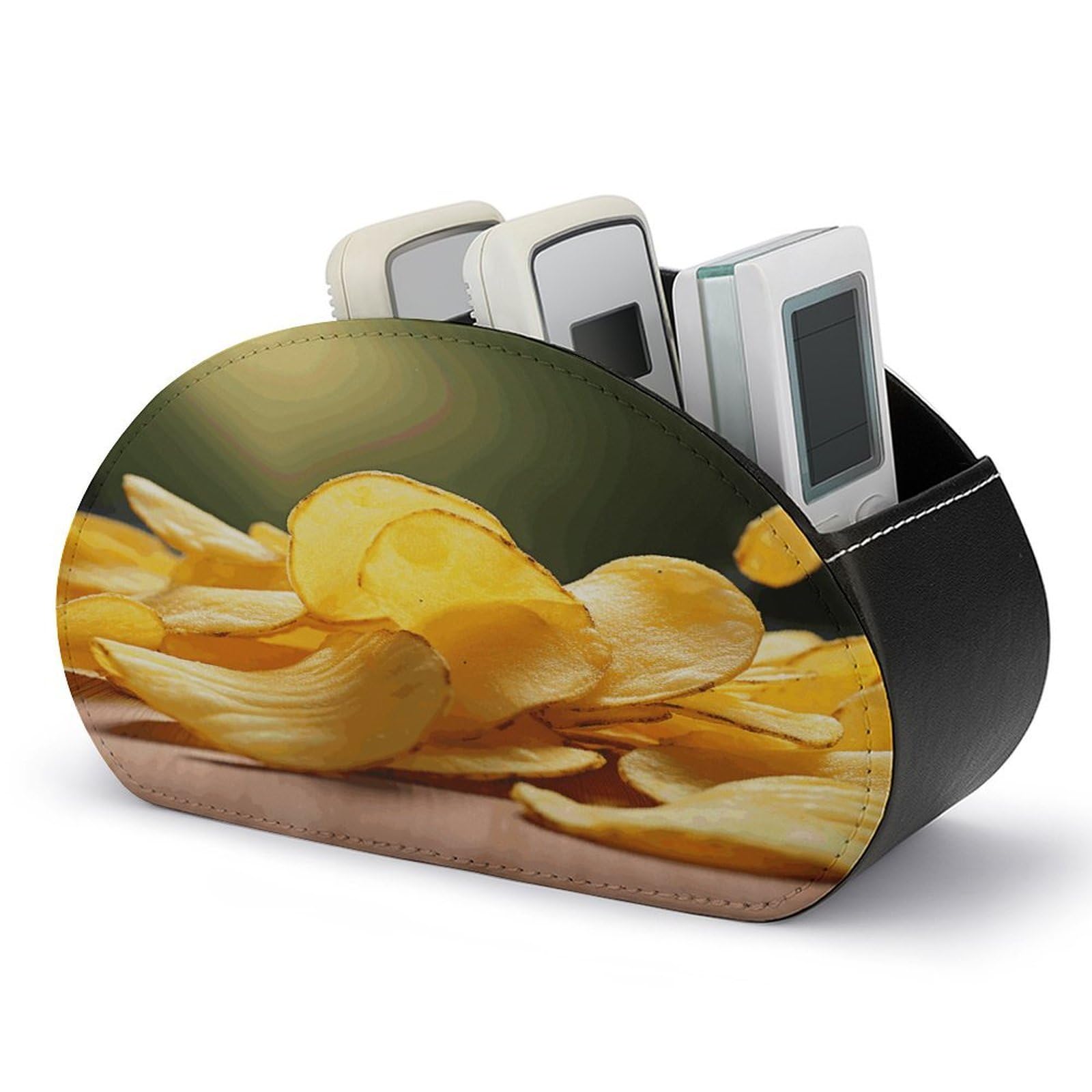 FodPand Potato Chips Remote Control Holders PU Leather Remote Caddy Desktop Organizer with 5 Compartments TV Remote Holder Box Tray for Bedside Table Office Desk Accessories&Gift