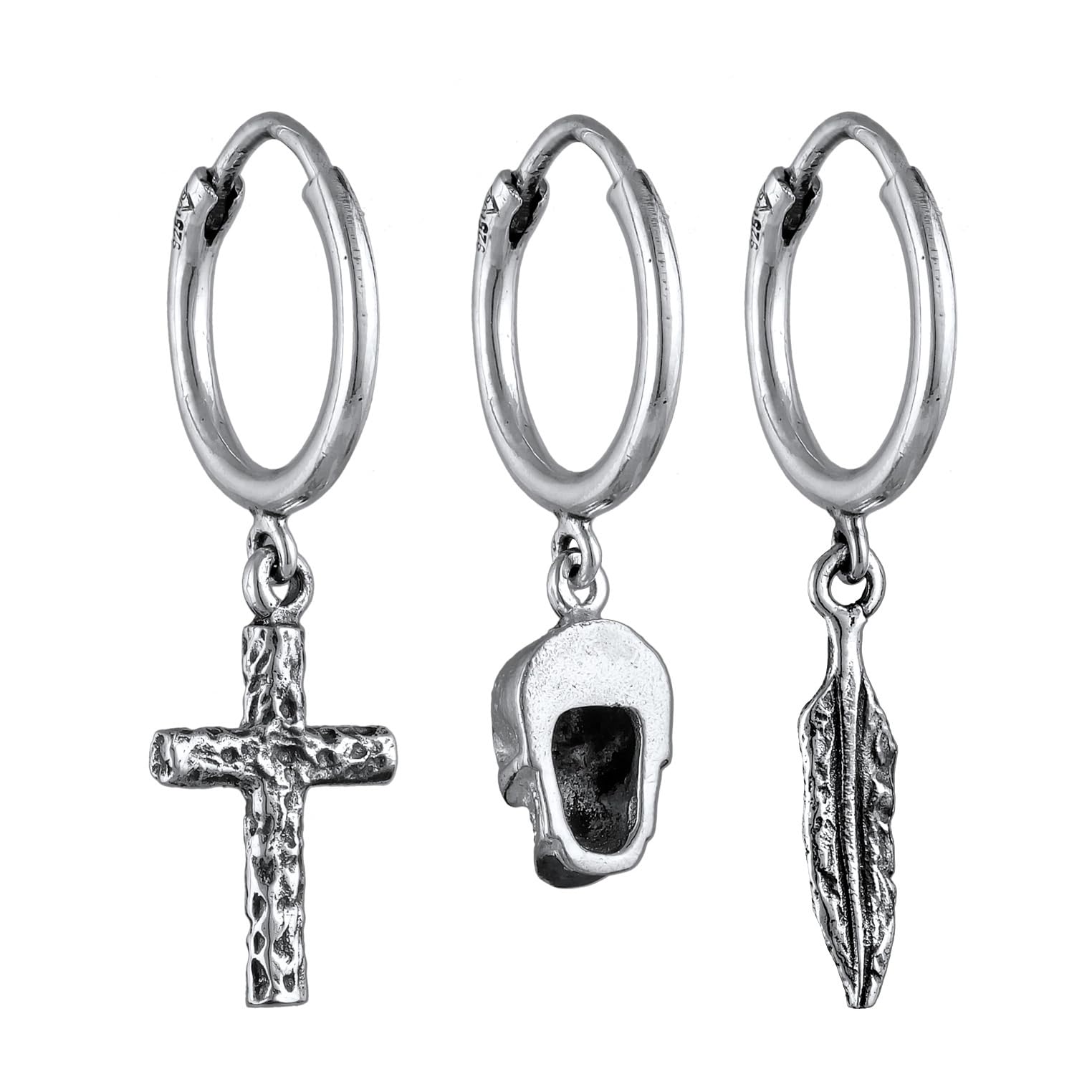 Kuzzoi Herren-Ohrringe Creolen Set (13 mm) oxidiert aus 925 Sterling Silber für Männer mit Kreuz, Totenkopf und Feder Anhänger