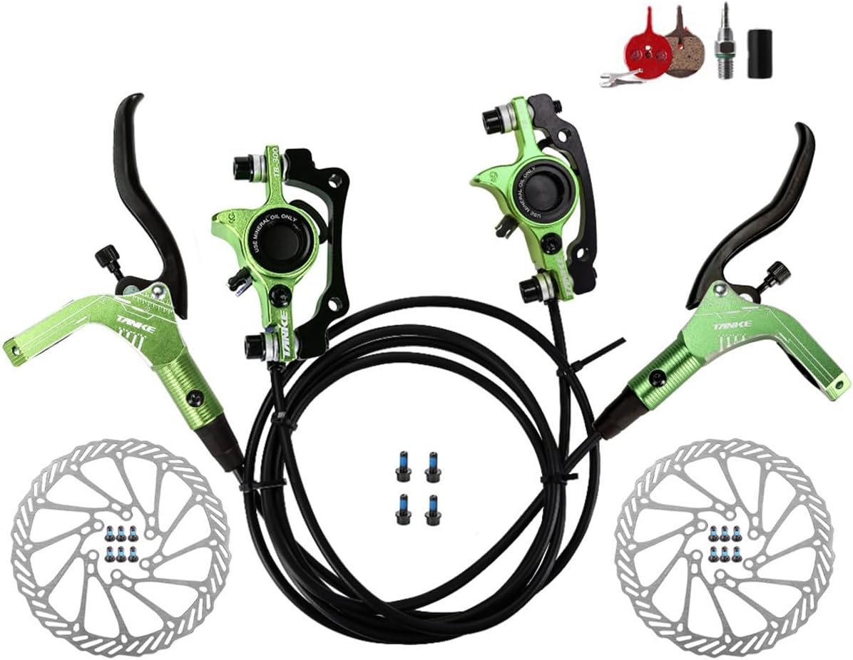 2 Piston Mountain Bike Hydraulic Brakes with 160mm Rotors Left Front 800mm Right Rear 1400mm Bike Hydraulic Disc Brakes Aluminum Alloy Hydraulic Brake Set(Green)
