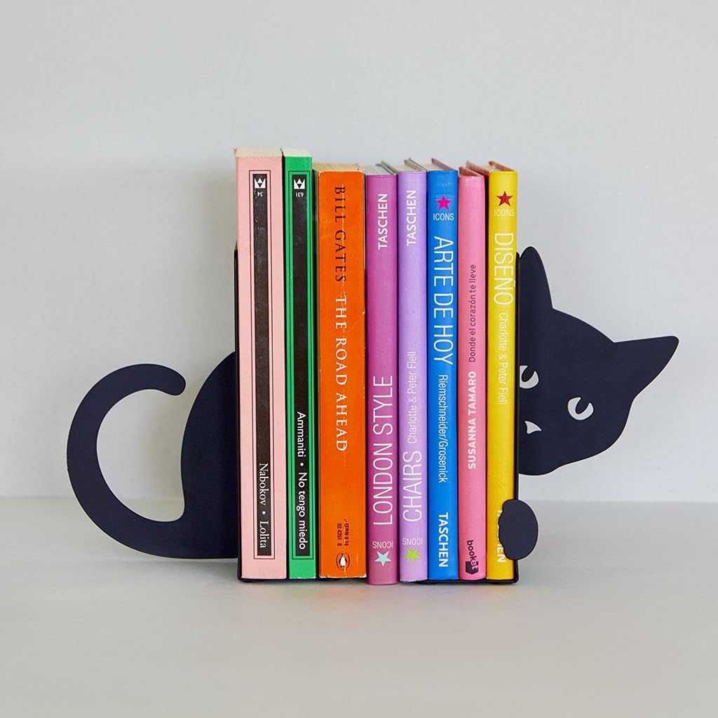 Balvi Hidden Cat Bookend – Black Metal Book Holder for Shelves – Decorative and Functional Book Organizer – Ideal for Home and Office – Unique Cat Design – Sujetalibros Gato Oculto