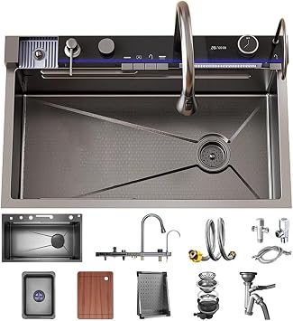 Waterfall Kitchen Sink 80 x 50 cm 1 Basin Stainless Steel Sink Black Multifunctional Bar Counter Sink with Integrated Tap Drain Basket Drain Basin Cup Washing Machine Drainage Component