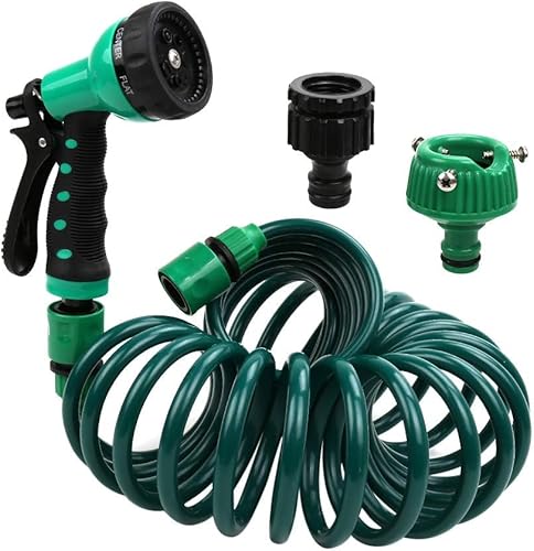 Manguera de jardín EVA Recoil de 25 pies, incluye boquilla de pulverización de 7 patrones, manguera de agua rizada retráctil (verde)