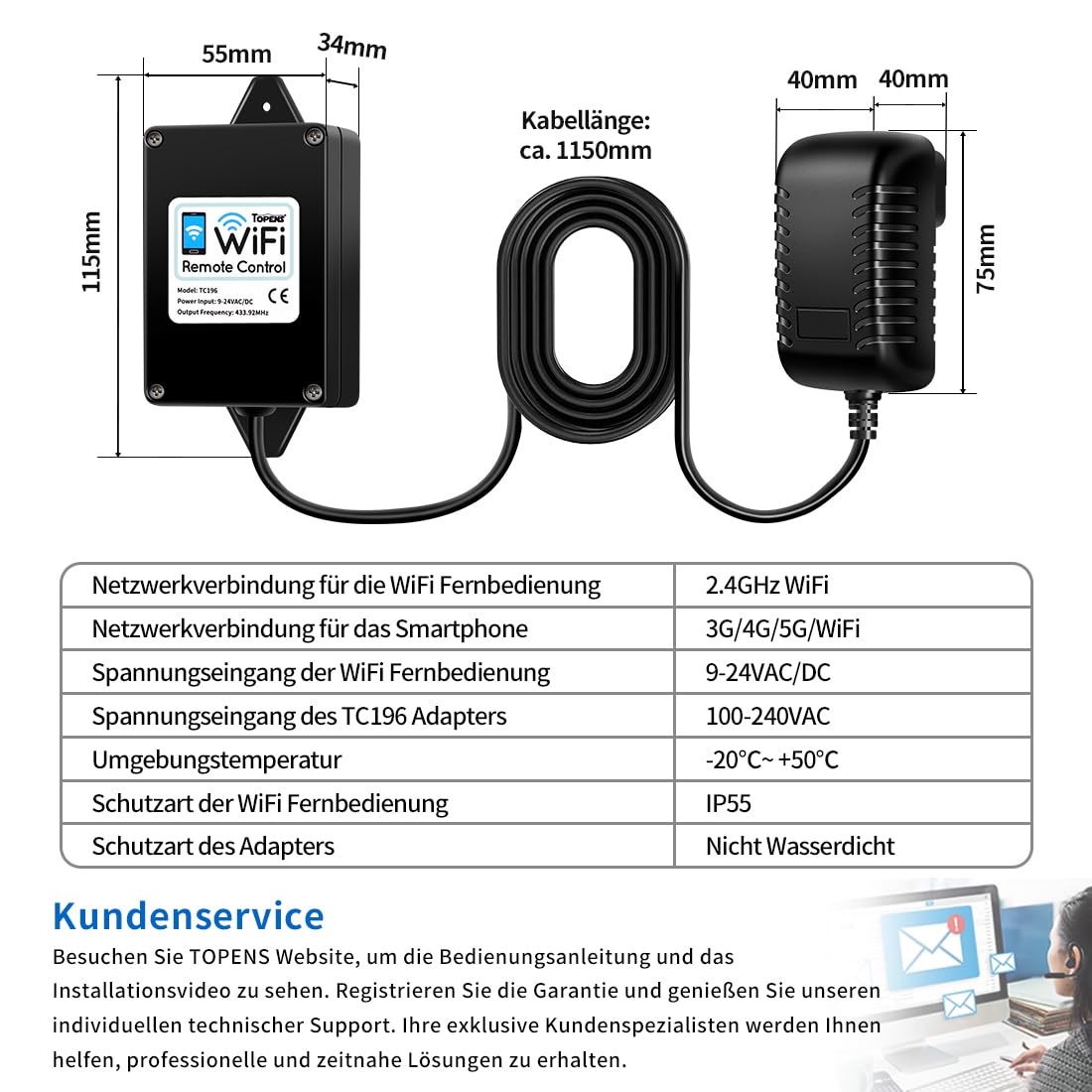 TOPENS TC196 Tuya WiFi Fernbedienung mit Smartphone Zugangskontrolle für automatische Drehtorantrieb Garagentorantrieb Schiebetorantrieb mit iOS & Android App WiFi & Bluetooth Torsteurung Sicherheit