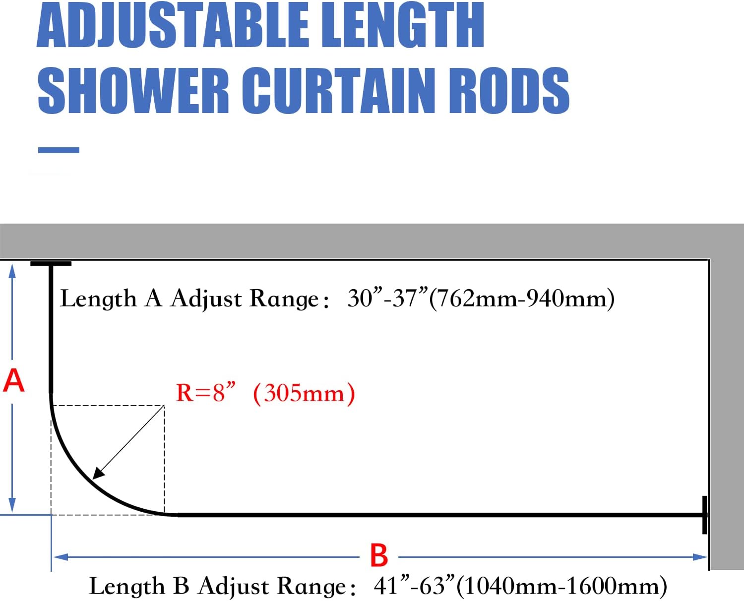 Corner Shower Curtain Rod, L Shaped Adhesive Shower Curtain Rod, Size 60"x30", Black Color, Stainless Steel 304, No Drill L Shape Shower Curtain Rod for Bathtub