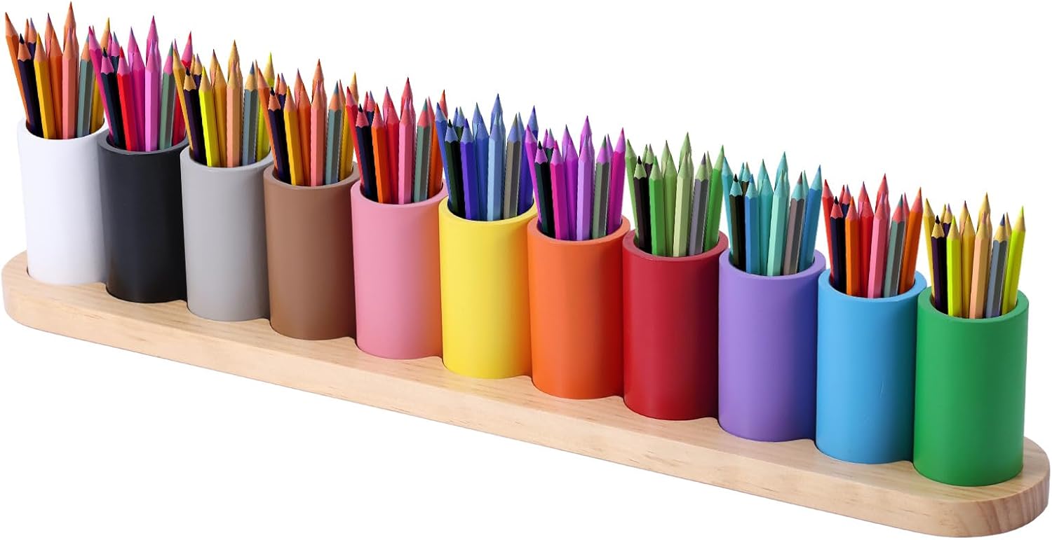Wooden Colored Pencil Holder, Montessori Crayon Organizer 11 Movable Compartments Pen Cups Holder Creative Crayon Storage Organizer Marker Holder for Kids Desk Office Home School Supply