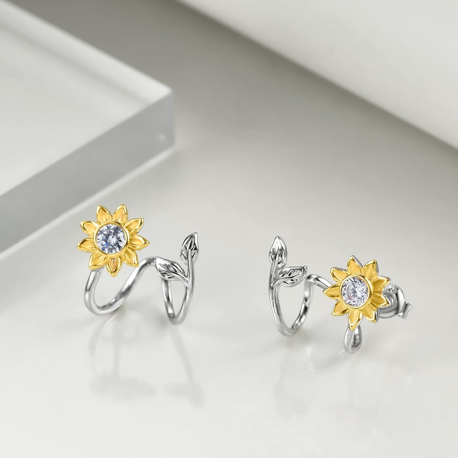 18K Gold Plated Sunflower Earrings for Women 925 Sterling Silver Sunflower Stud Ear Climber Crawler Earrings Jewelry Gifts