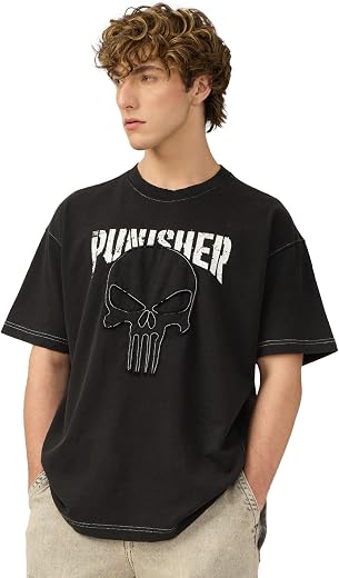 The Souled Store Punisher: Logo Men and Boys Short Sleeves Round Neck Black Printed Cotton Oversized T-Shirts