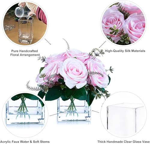 Miniatura 2 de ENOVA FLORAL Flores artificiales de seda de 9 cabezas en jarrón, arreglo de flores artificiales de rosa rosa en jarrón con agua sintética para