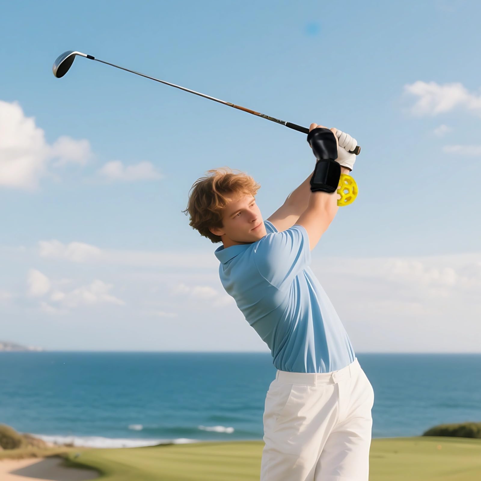 Golf Schwung Handgelenk Trainer, verstellbare Golf Trainingshilfe mit gelbem Wabenball, PU Material, stützt das Handgelenk und verbessert Schwunggenauigkeit und Kraft, für alle Spielniveaus