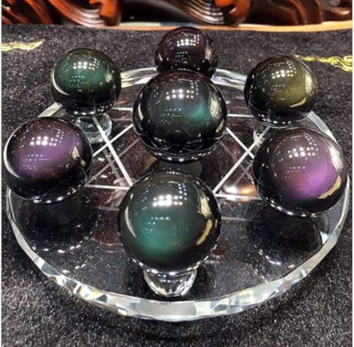 Miniatura 5 de Seven Star Chakra Group - Figura de esfera de cristal curativo de obsidiana de color natural con soporte de cristal transparente (Rainbow Obisdian)
