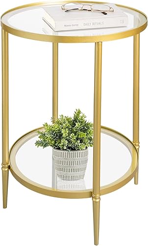 GIFTTROVE Mesa auxiliar redonda de 2 niveles, mesa auxiliar dorada con parte superior de vidrio, mesas de café modernas de metal transparente, mesas