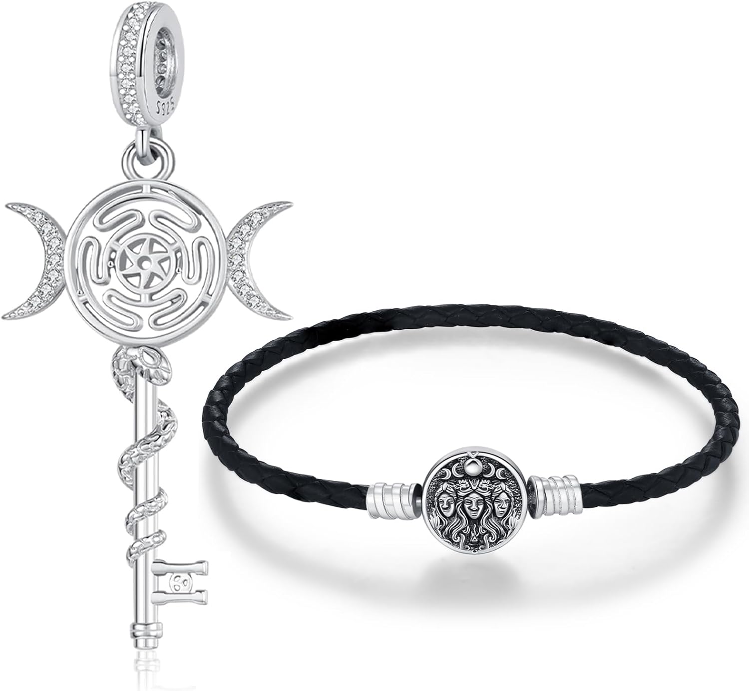Hecate Leather Bracelet & Key Charm for Women 925 Sterling Silver Snake Chain Goddess Hekate Bead Bracelets Triple Moon Wiccan Pagan Magic Witchcraft Amulet Jewelry Gifts