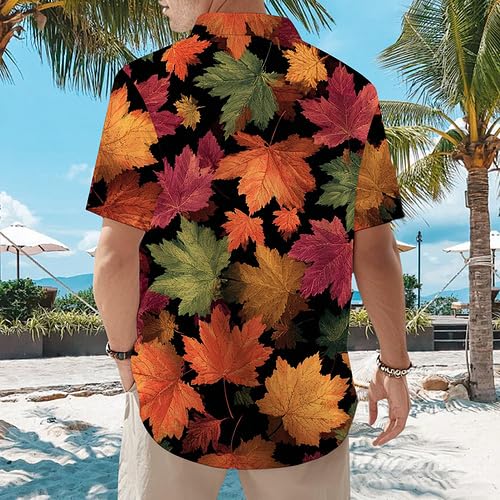 Men's Hawaiian Button Down Shirt, Autumn Maple Leaves Print Halloween Thanksgiving Short Sleeve Trendy Fun Shirt for Men3