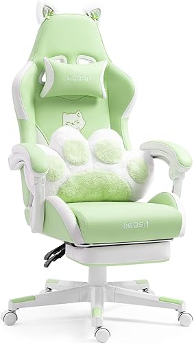 Linda silla de juegos de gato con cojín lumbar de patas, silla de videojuegos de PC para niñas, adolescentes y mujeres (verde)